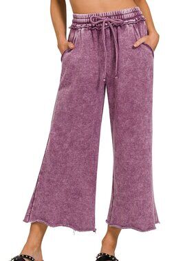 NTW Ladies Eggplant Acid Wash Fleece Palazzo Drawstring Waist Sweatpants
